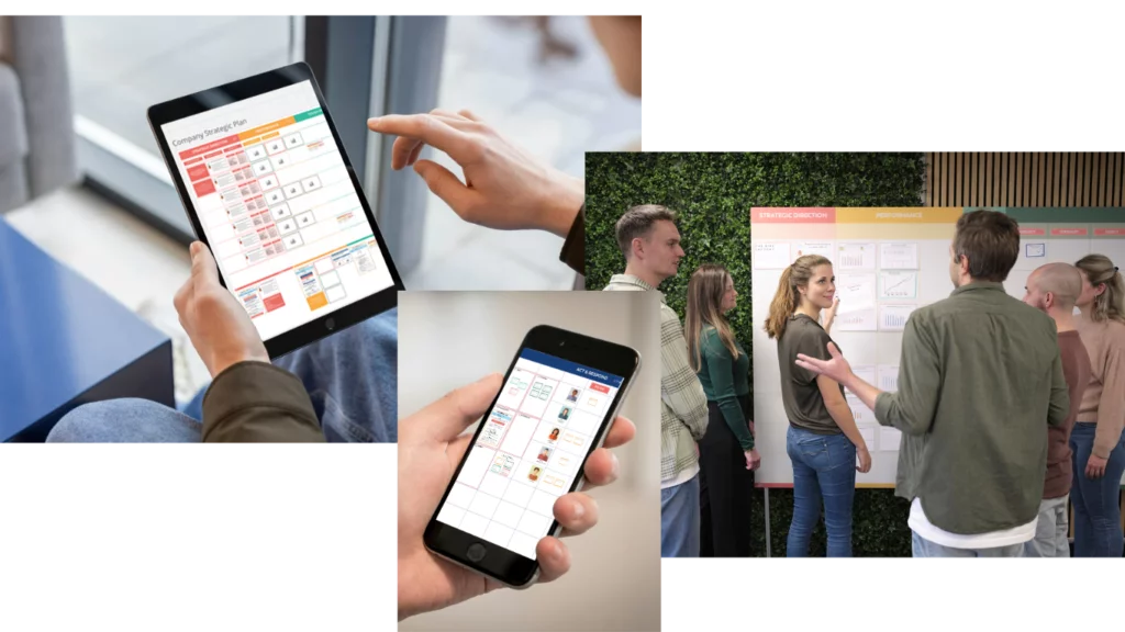 Digital Obeya in use on tablet, smartphone and physical board